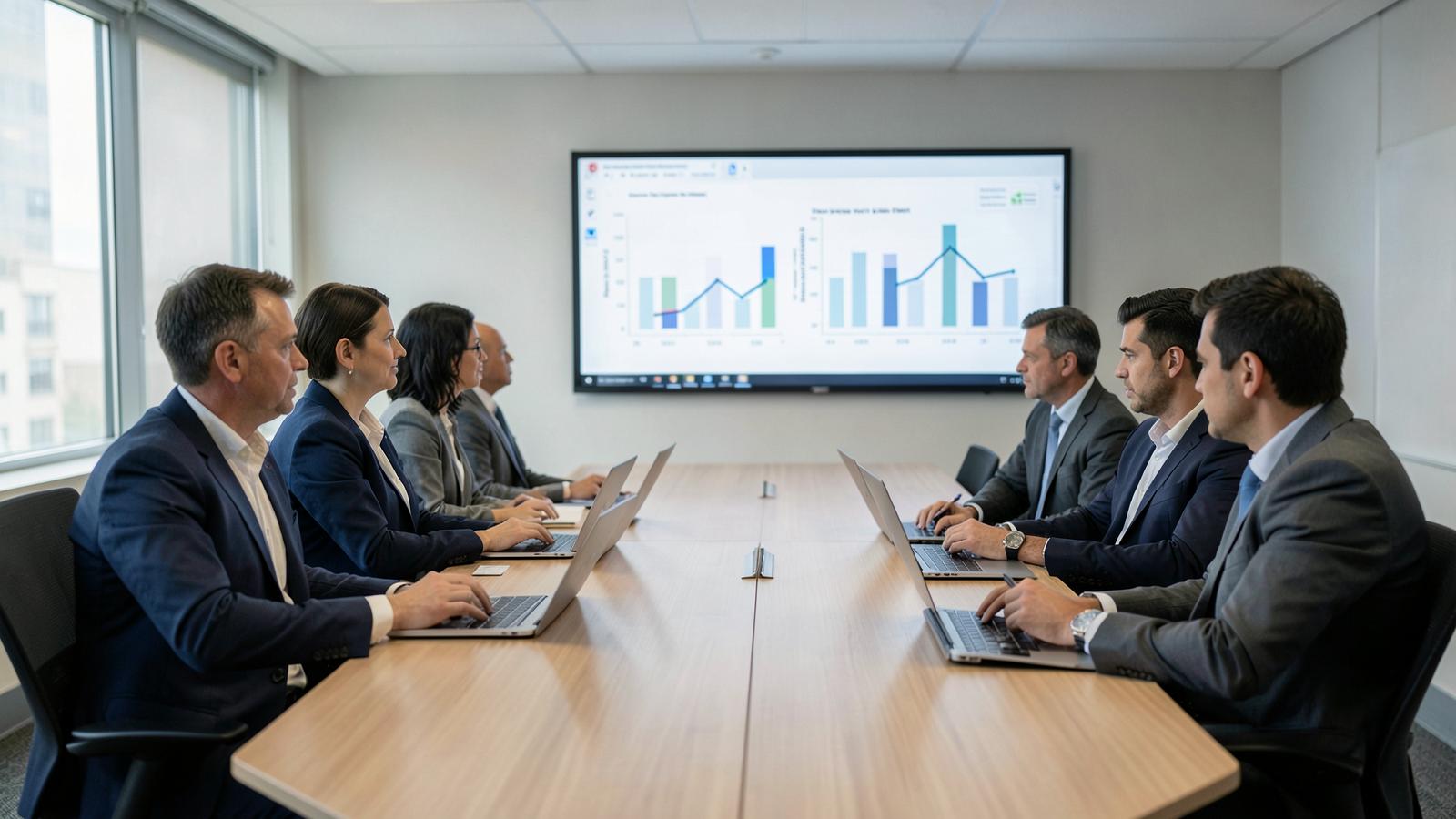 Healthcare compliance and data governance committee reviewing algorithm monitoring charts during an AI oversight meeting.