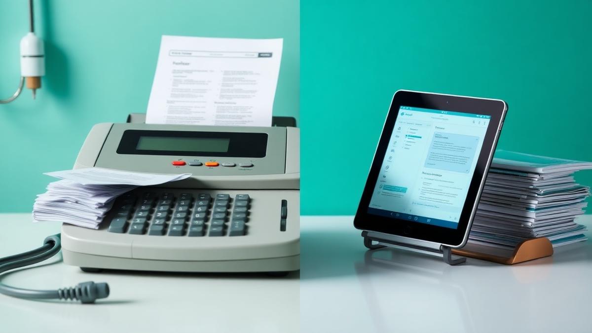Split image contrasting a fax machine stacked with paper referrals against a modern digital referral workflow on a tablet