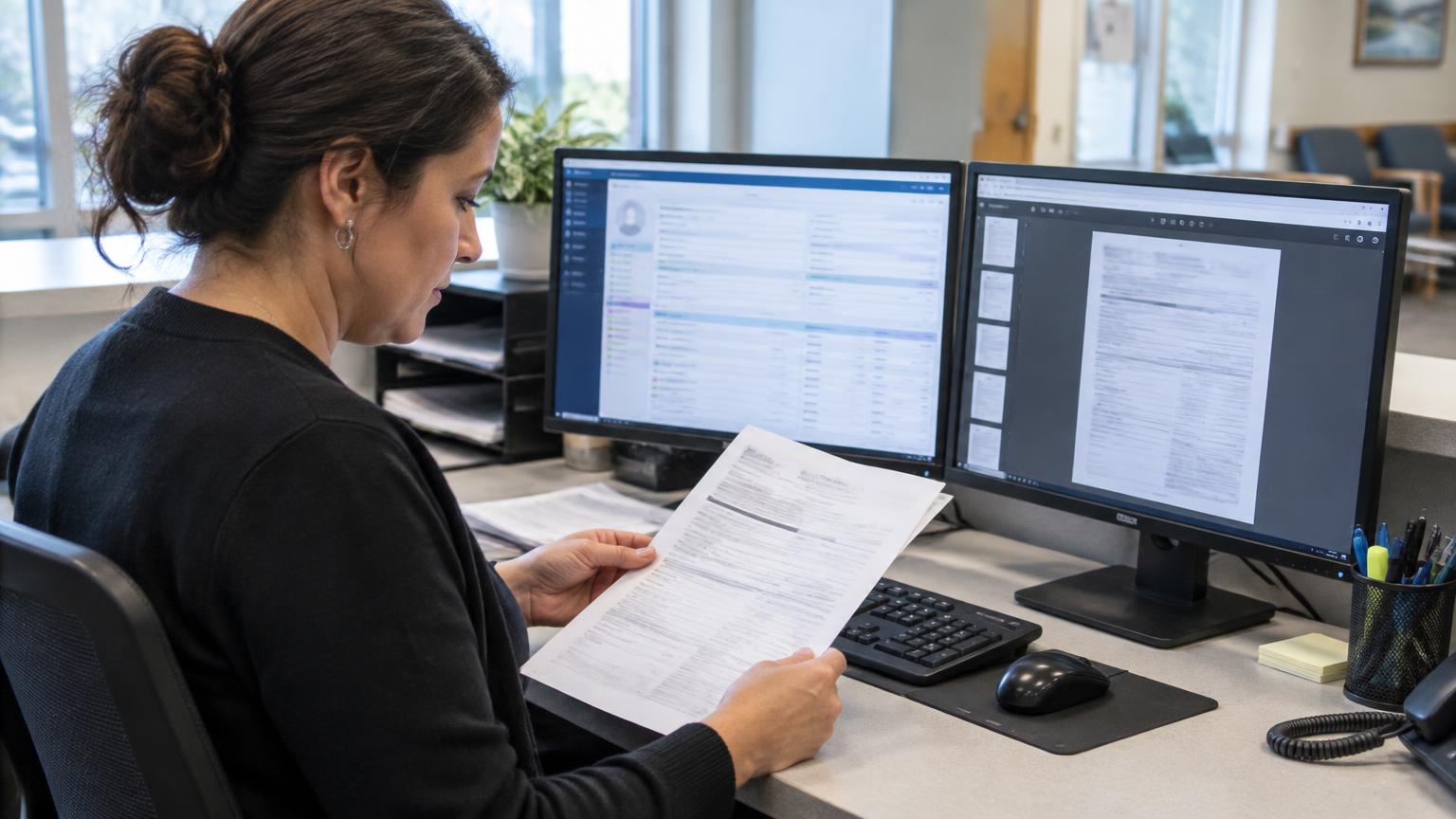 Practice administrator reviewing an inbound fax referral next to an athenahealth chart on a dual-monitor workstation