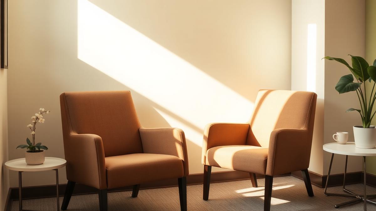 Quiet behavioral health consultation room with two chairs and warm natural light