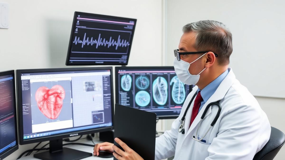 Cardiologist reviewing ECG tracings and cardiac imaging while triaging an incoming referral queue
