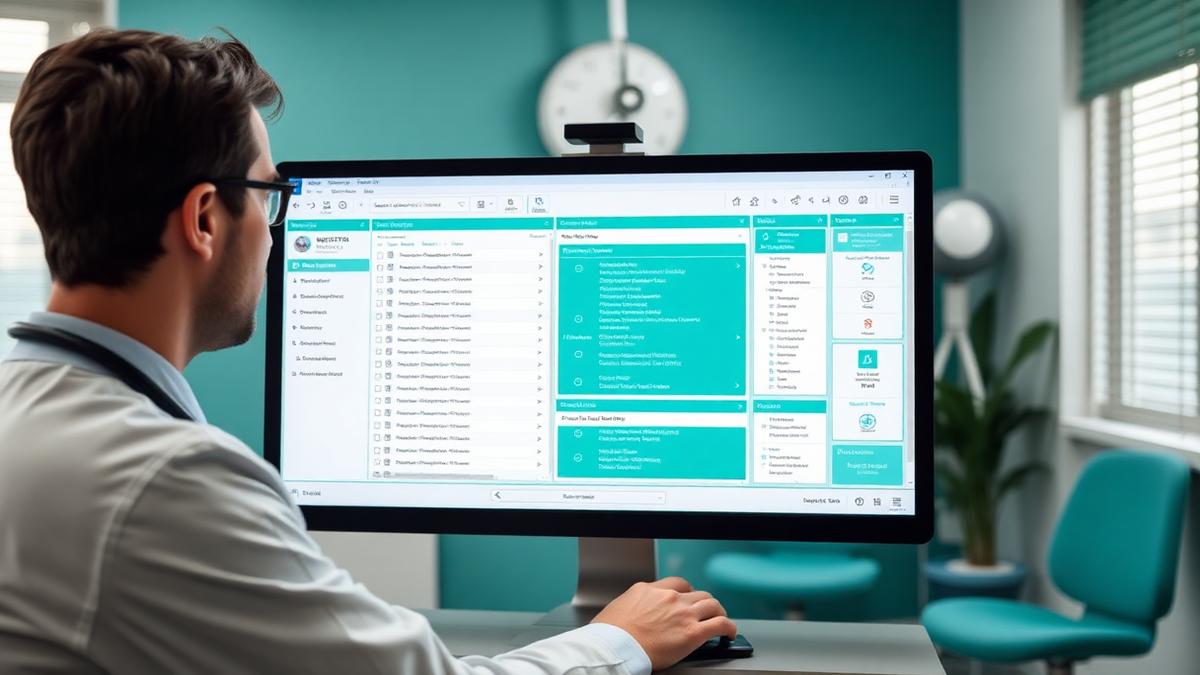 Physician reviewing an embedded referral panel inside an electronic health record on a desktop monitor