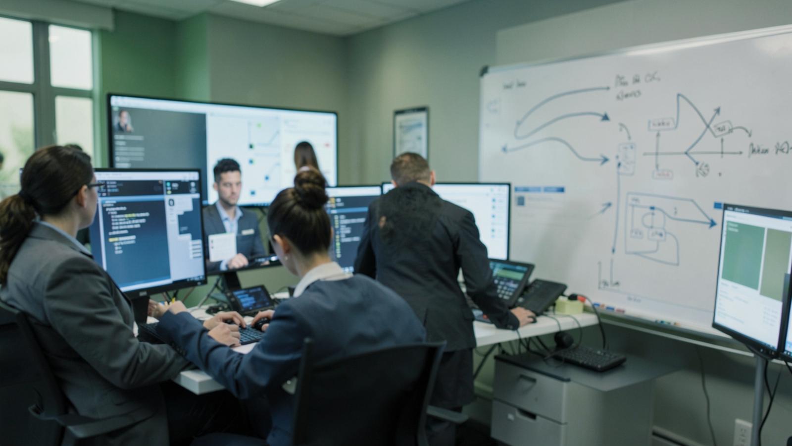 Healthcare IT and integration team reviewing interface diagrams and test results on multiple monitors during implementation testing.