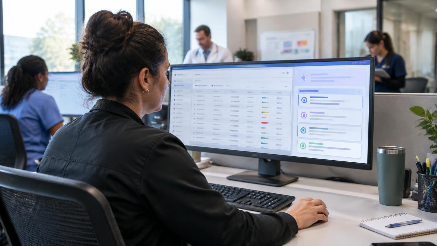 Health system referral coordinator working an Epic referral workqueue with an AI specialist recommendation panel