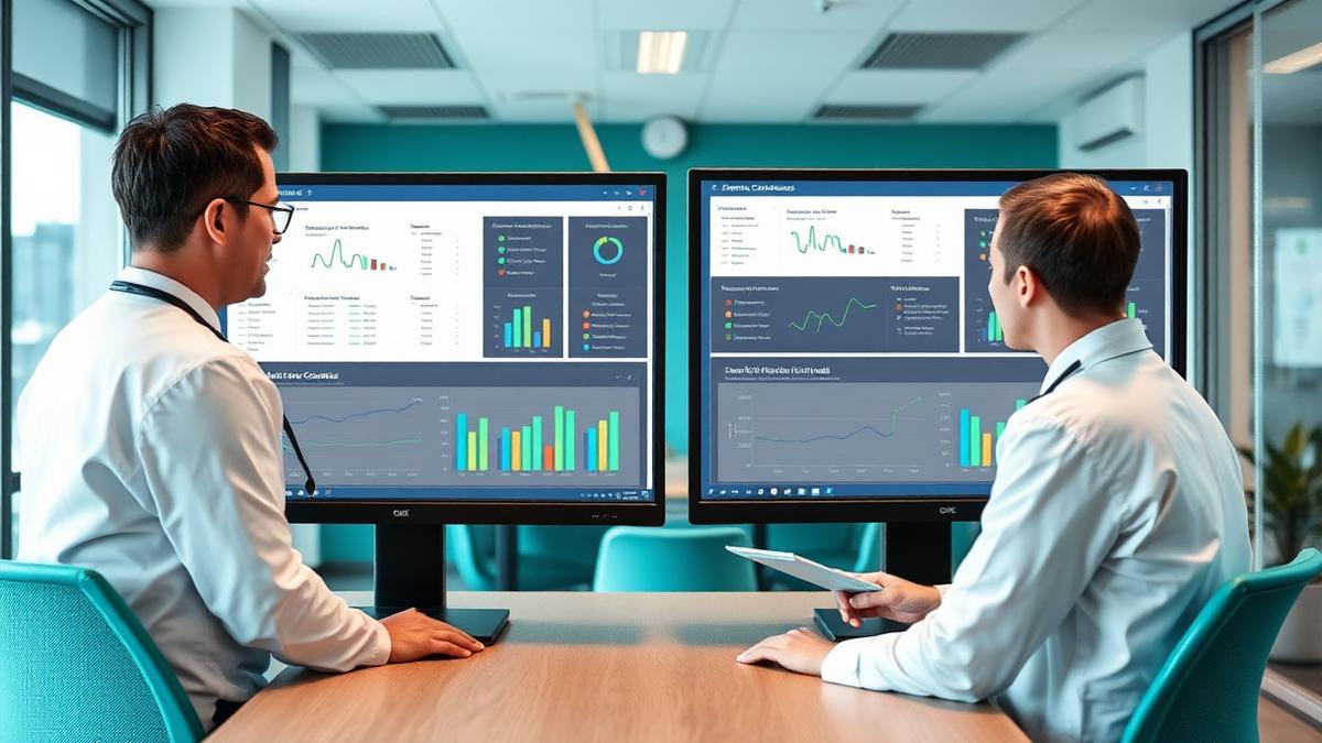 Two health system leaders comparing referral performance dashboards for two different payment models on adjacent monitors