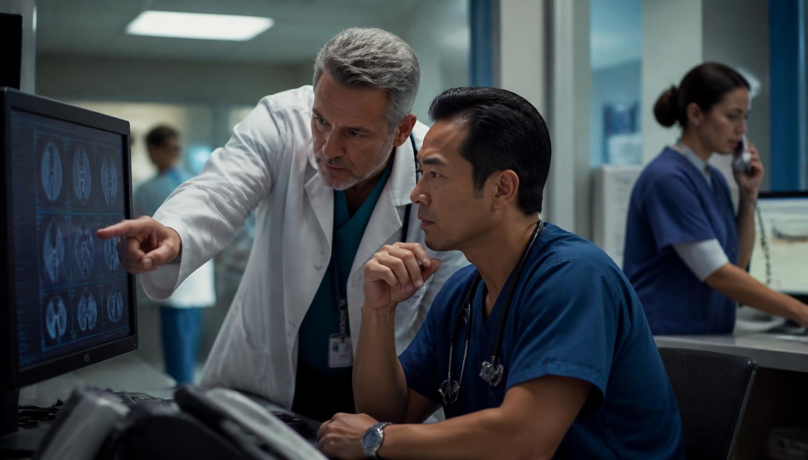Two physicians reviewing imaging results together at a hospital care-coordination station while a nurse escalates a case by phone