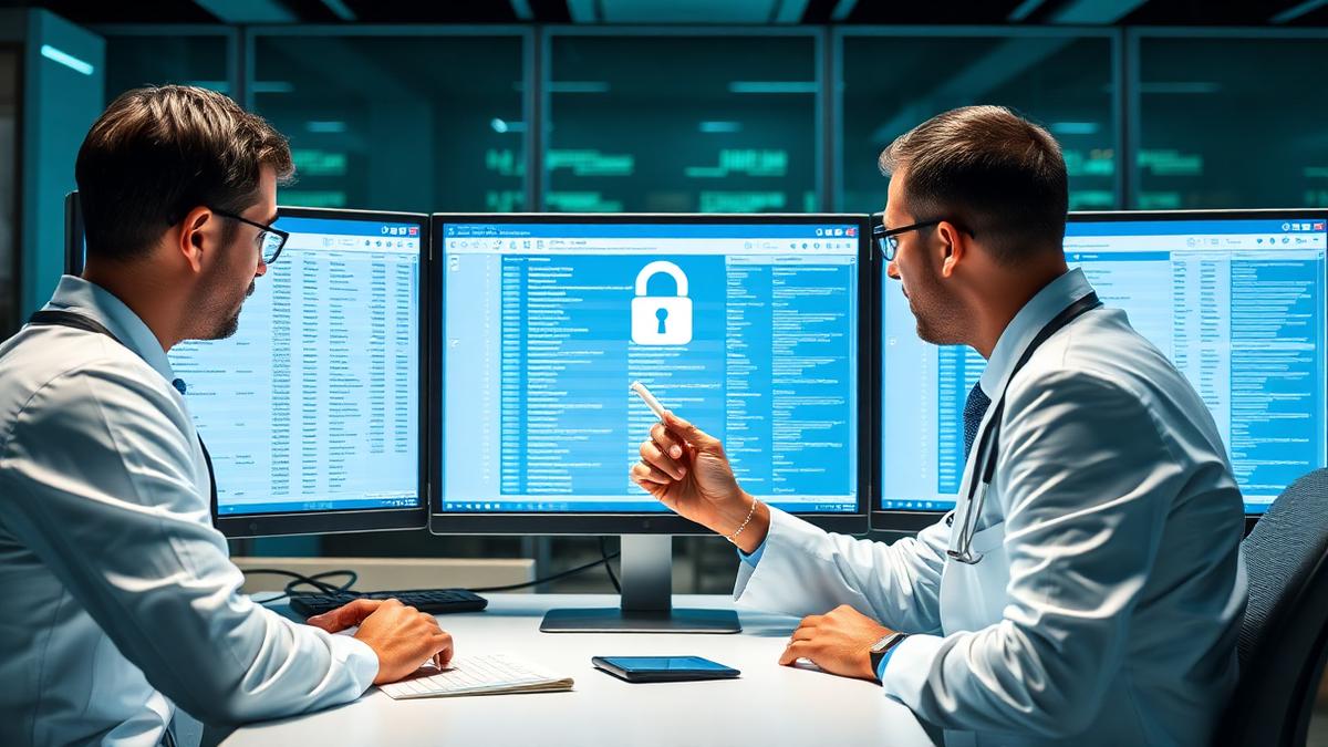 Healthcare IT security and compliance officers reviewing access controls and audit logs on monitors