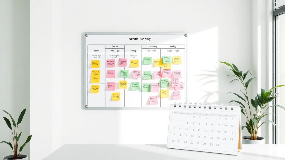 Implementation planning board with a quarterly timeline and sticky notes in a bright healthcare office