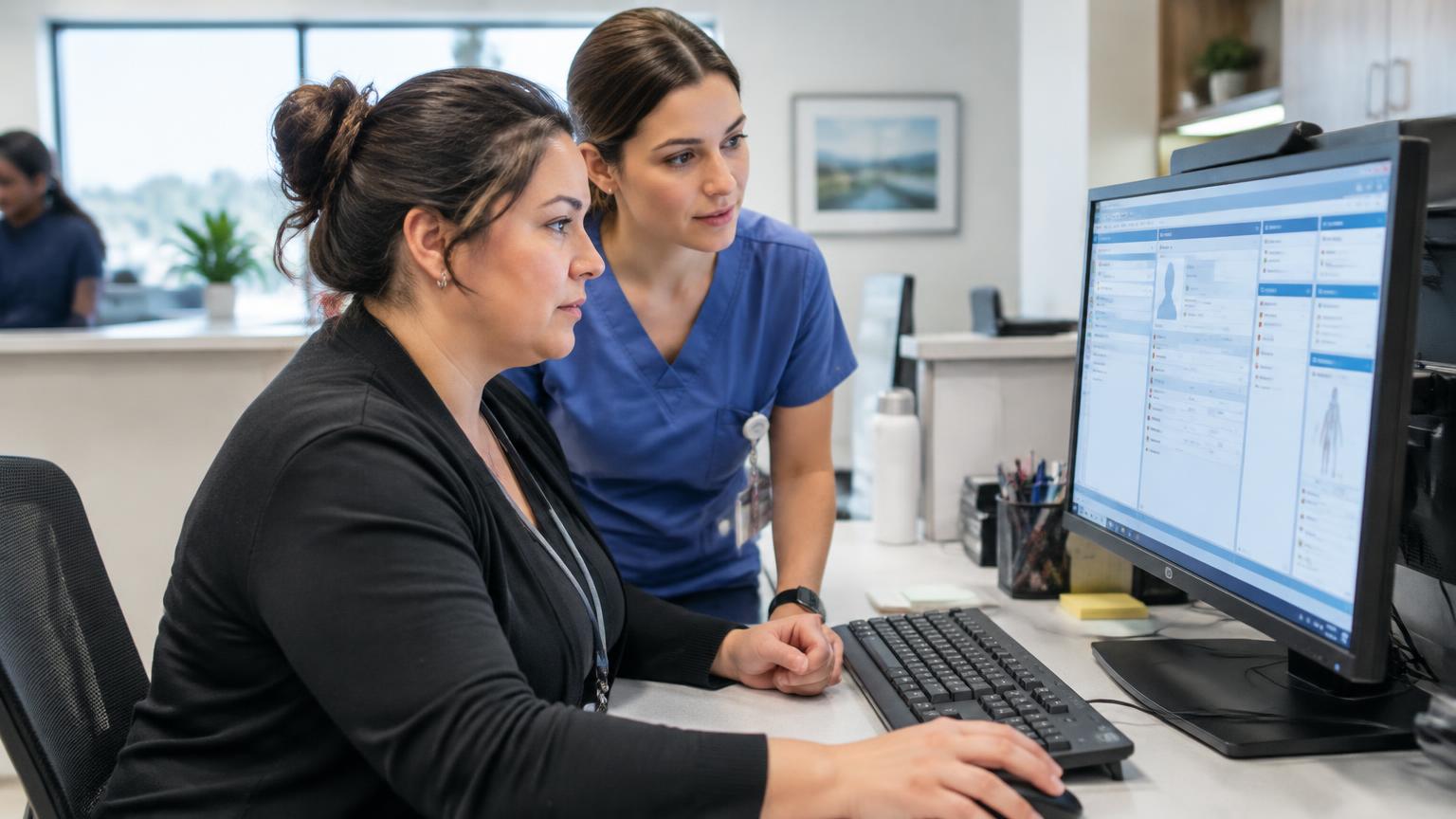 Specialty group referral coordinator working inbound referrals in NextGen with an AI-generated patient chart on screen