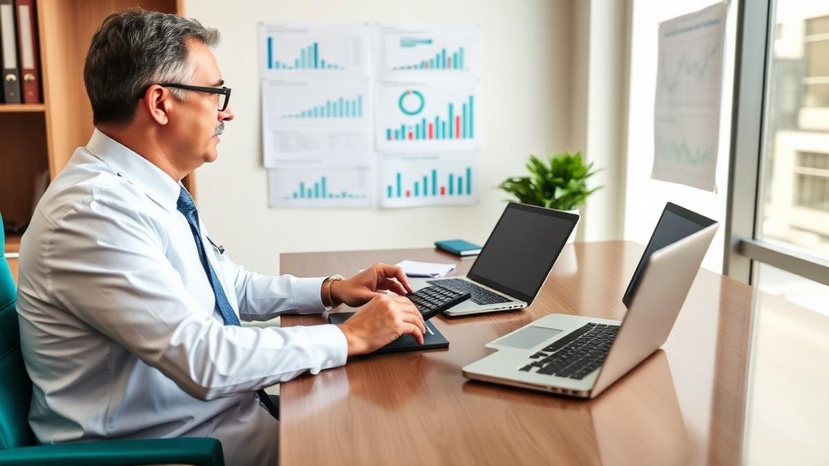 Hospital chief financial officer analyzing downstream revenue charts and spreadsheets at a desk