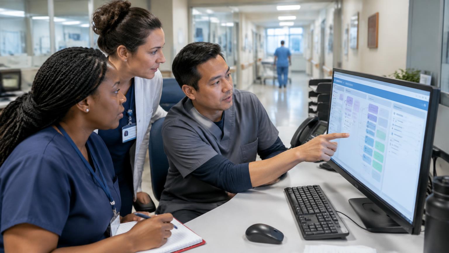 Hospital-based care coordination team reviewing referral and discharge pathways on an Oracle Health workstation