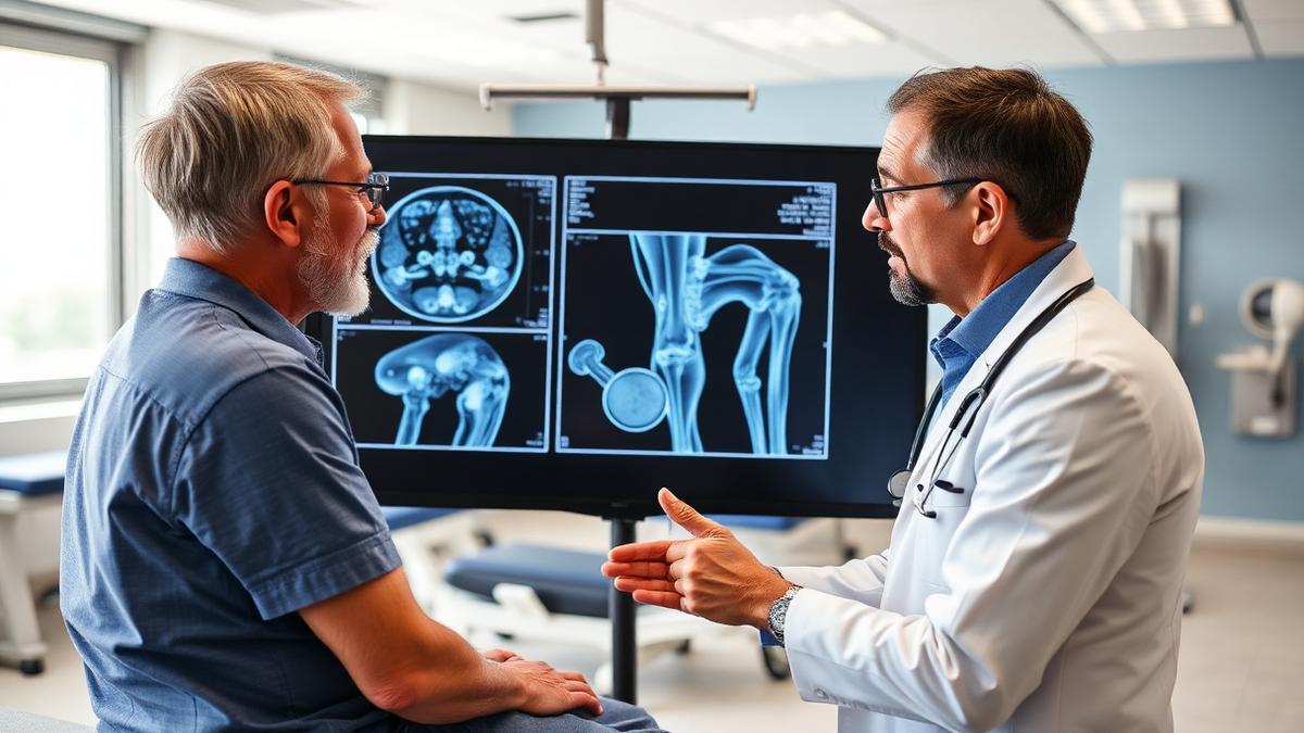Orthopedic clinician reviewing knee imaging with a patient in a musculoskeletal clinic