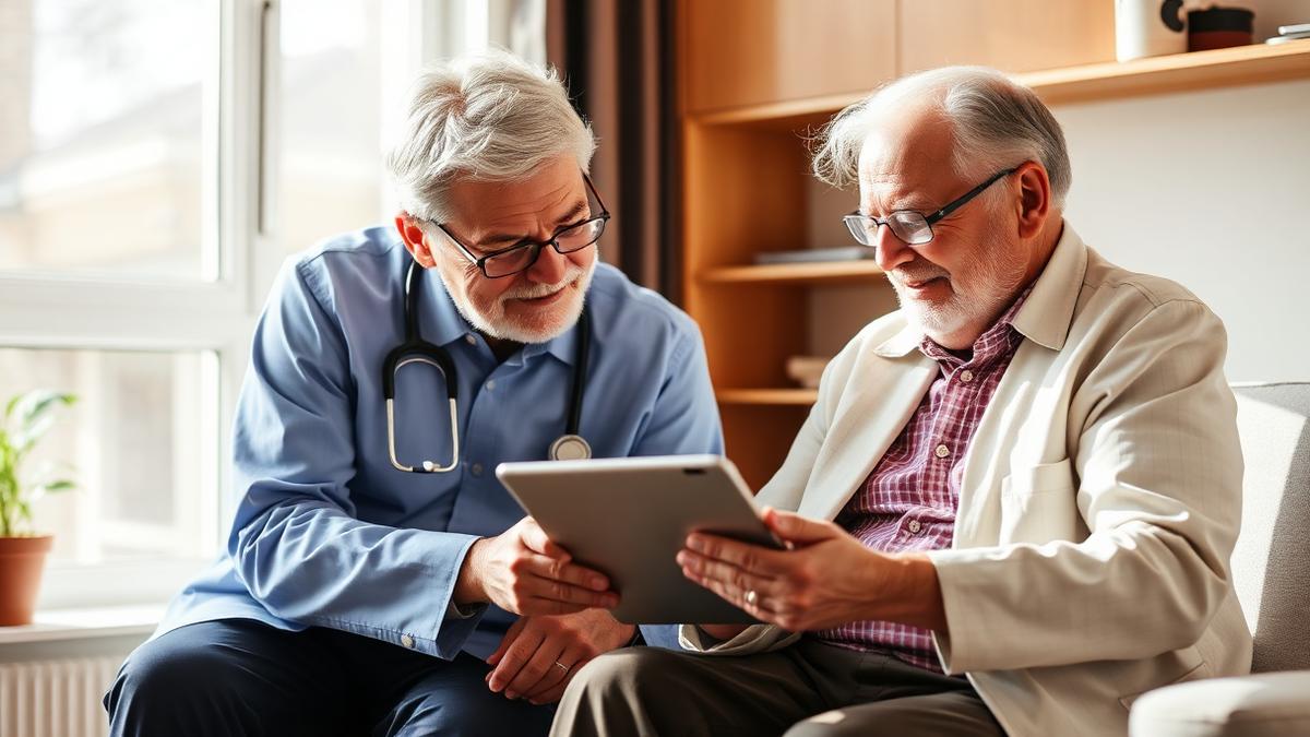 Clinician discussing specialist referral options with a patient at a desk in an exam room
