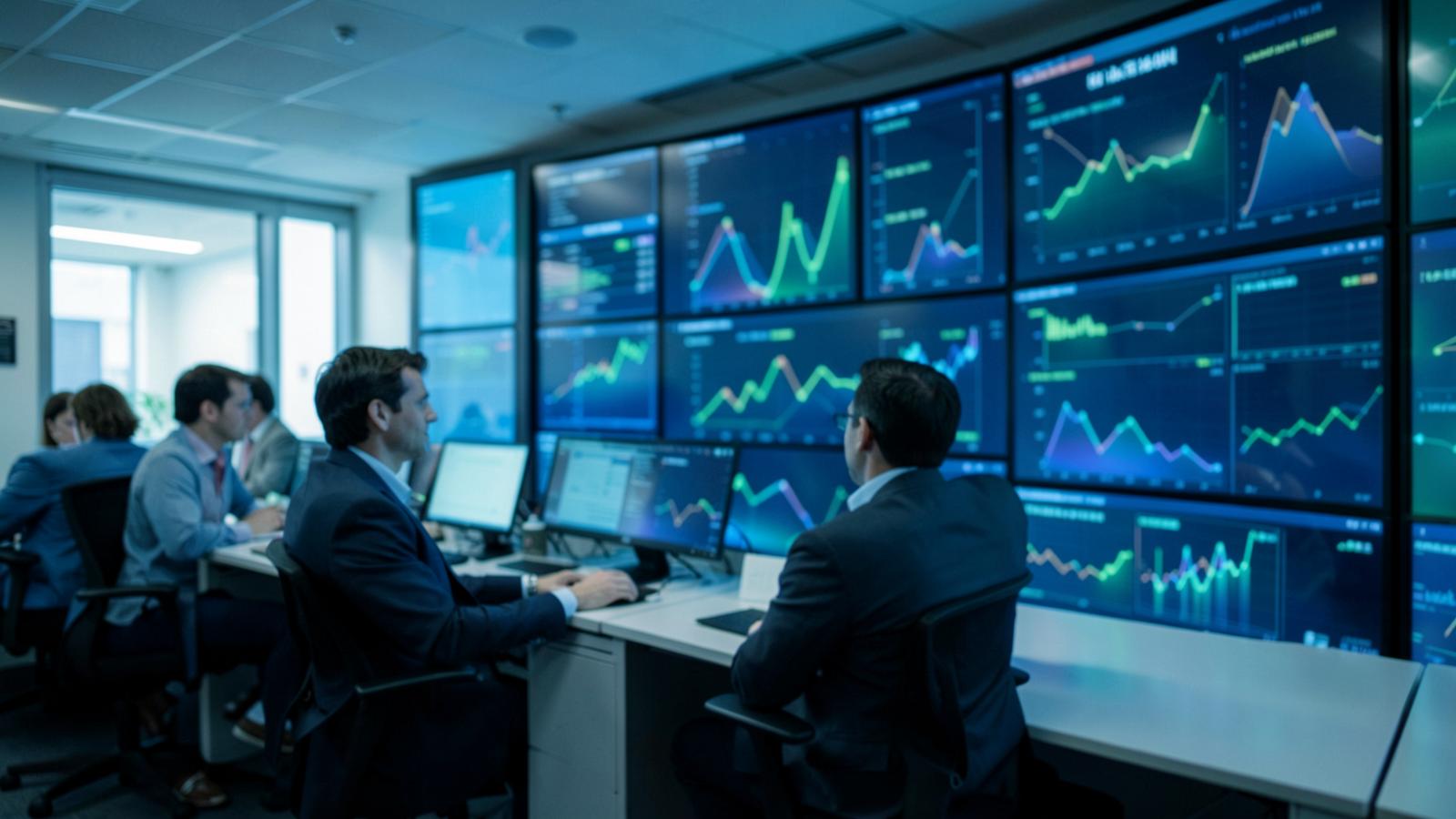 Payer network operations analysts reviewing large data visualization displays in a health plan command center.
