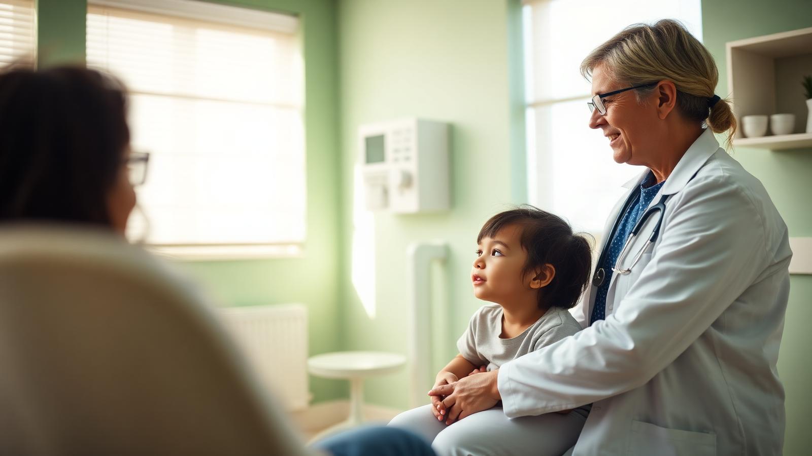 Pediatrician talking with a mother and young child in a bright exam room while arranging a subspecialist visit