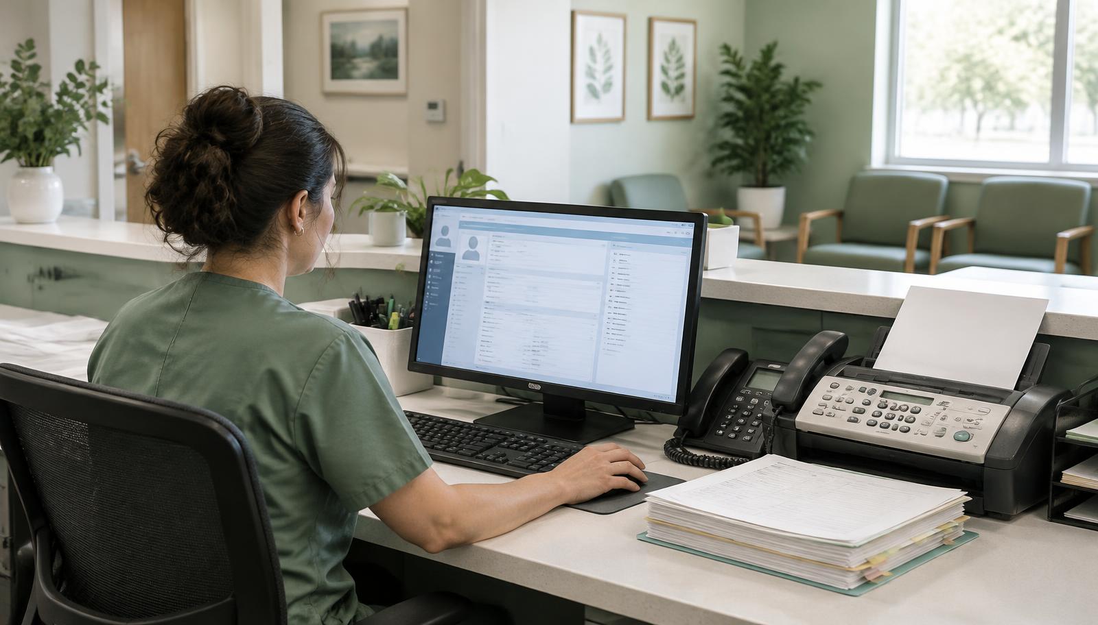 Front-desk staff member at an independent medical practice working referrals between an EHR screen and a fax machine