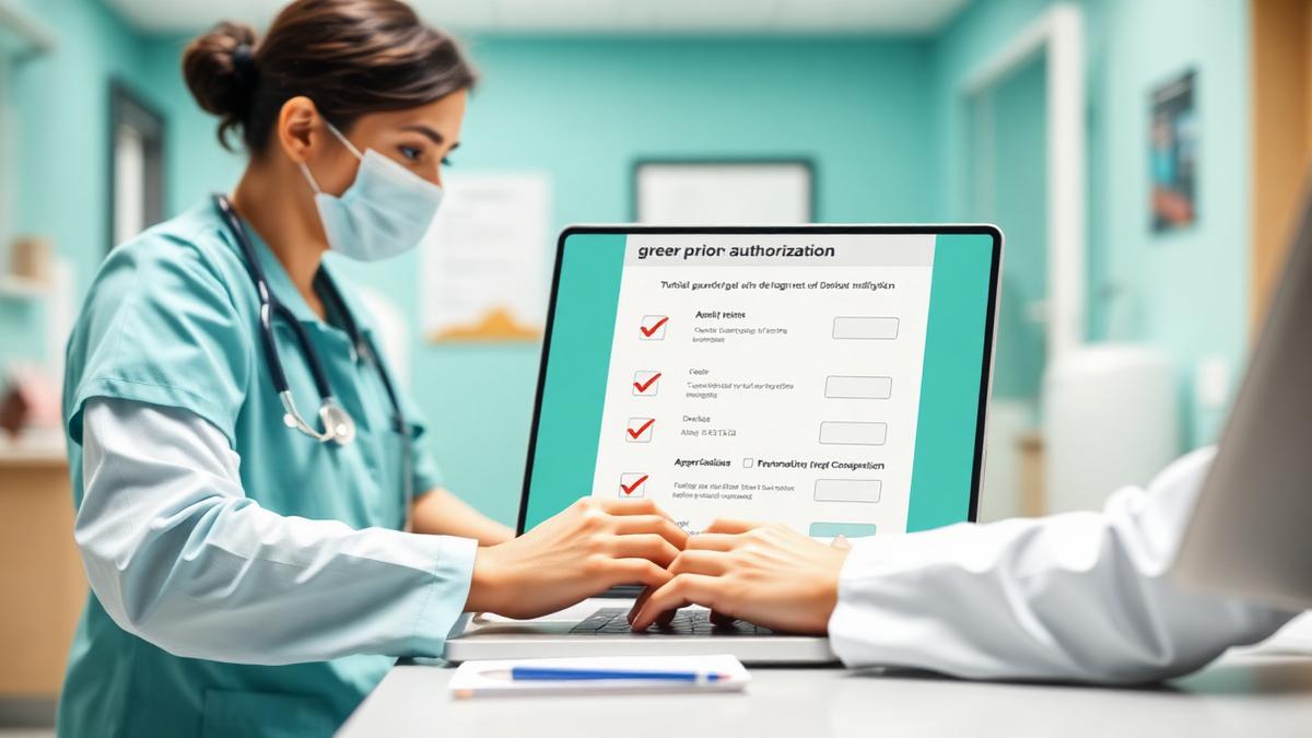 Medical office staff member submitting an electronic prior authorization request on a laptop with approval checkmarks on screen