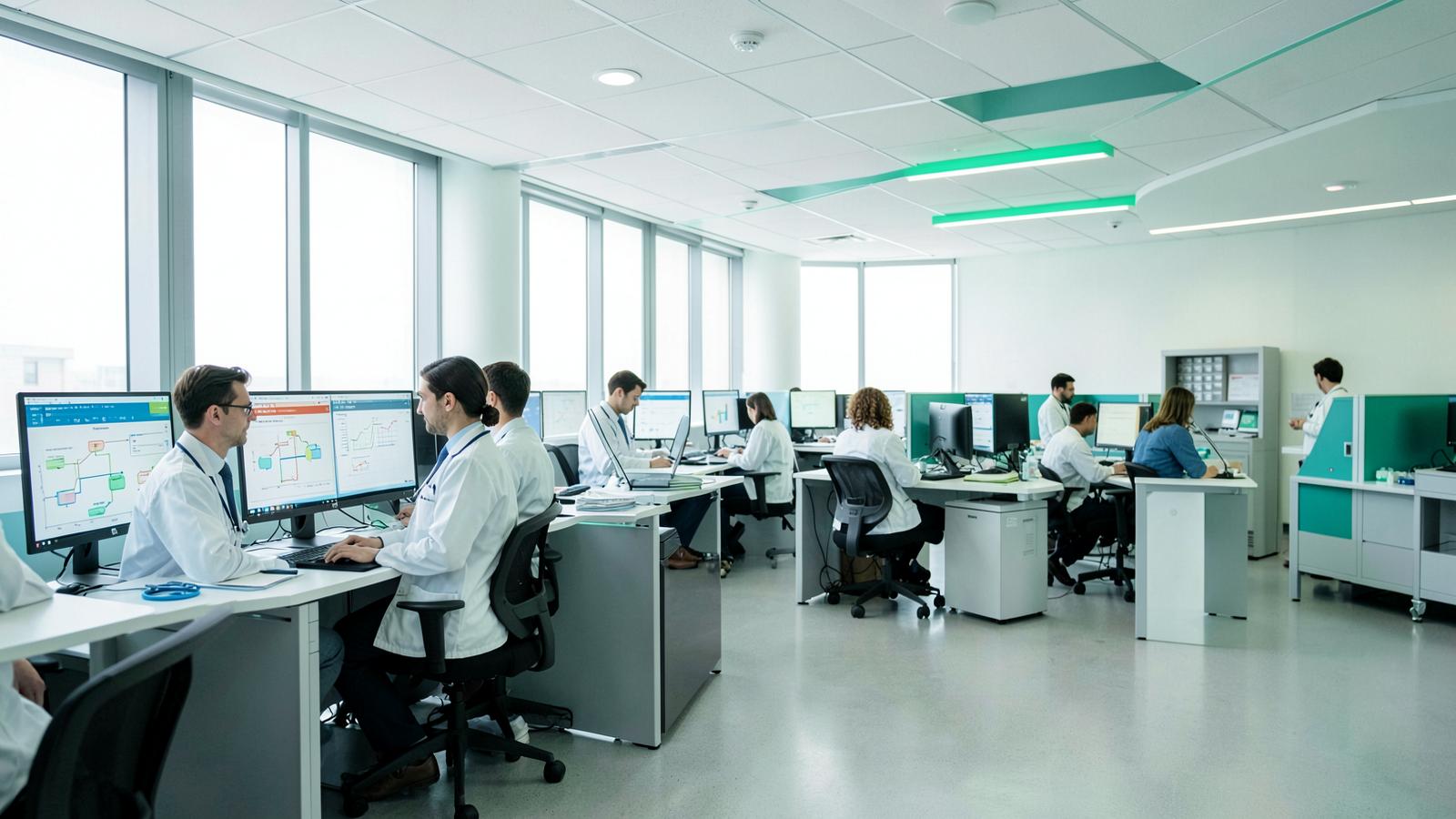 Healthcare operations coordinators working at monitors in a clinic administrative area, managing prior authorization and referral workflows.