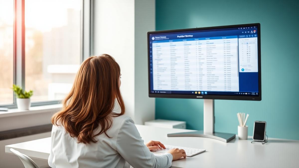 Healthcare operations analyst reviewing a provider directory database on a large monitor in a clinic office