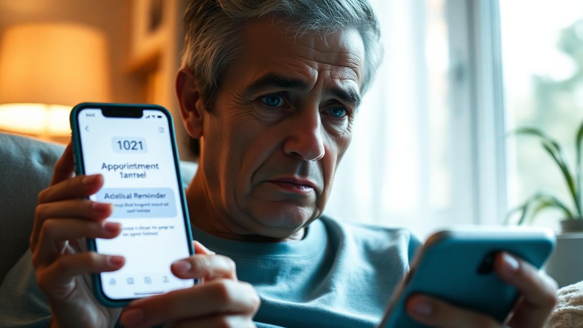 Patient at home looking uncertainly at an appointment reminder message on a smartphone