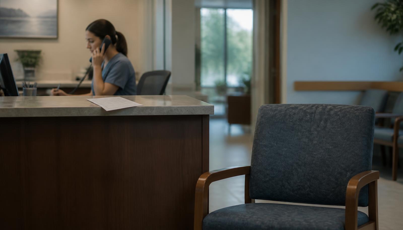Empty specialty clinic waiting-room chair beside a reception desk while a coordinator makes an outreach call in the background
