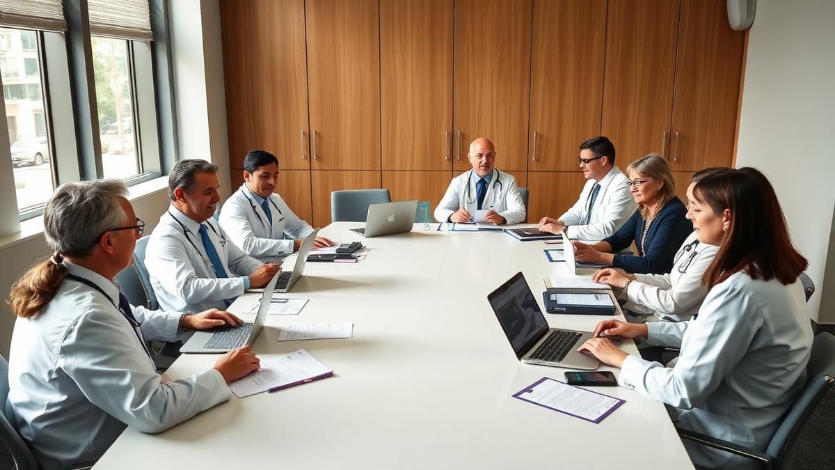 Healthcare leadership committee meeting around a boardroom table reviewing network performance