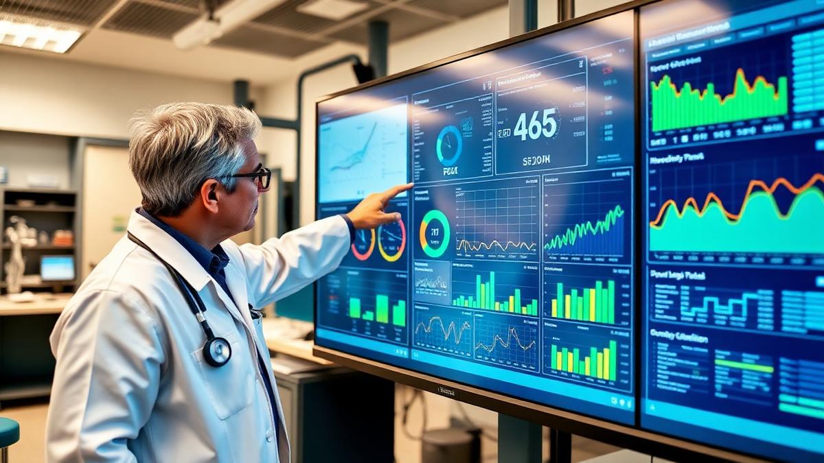 Operations analyst pointing at a referral KPI dashboard with gauges and trend lines on a large monitor