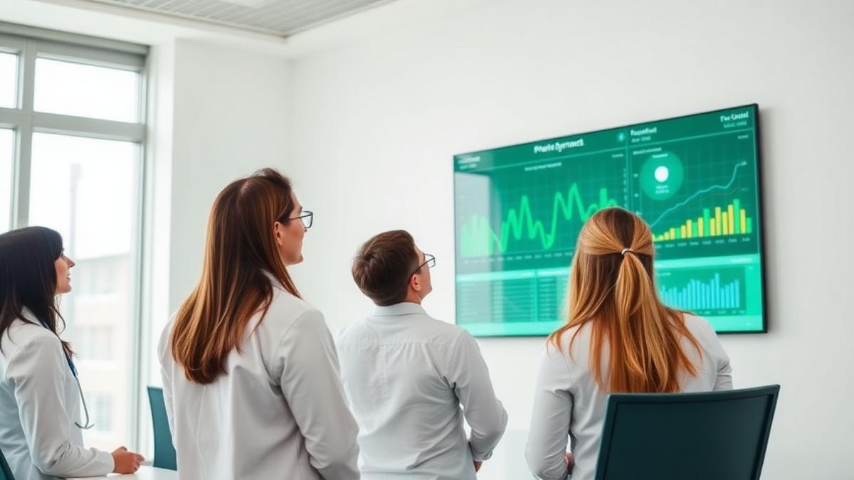 Healthcare executive reviewing referral performance dashboards and charts in a conference room