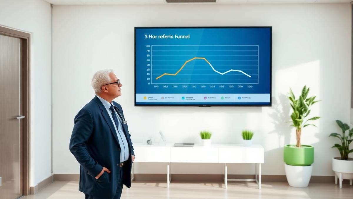 Health system administrator reviewing a declining referral funnel chart on a wall monitor