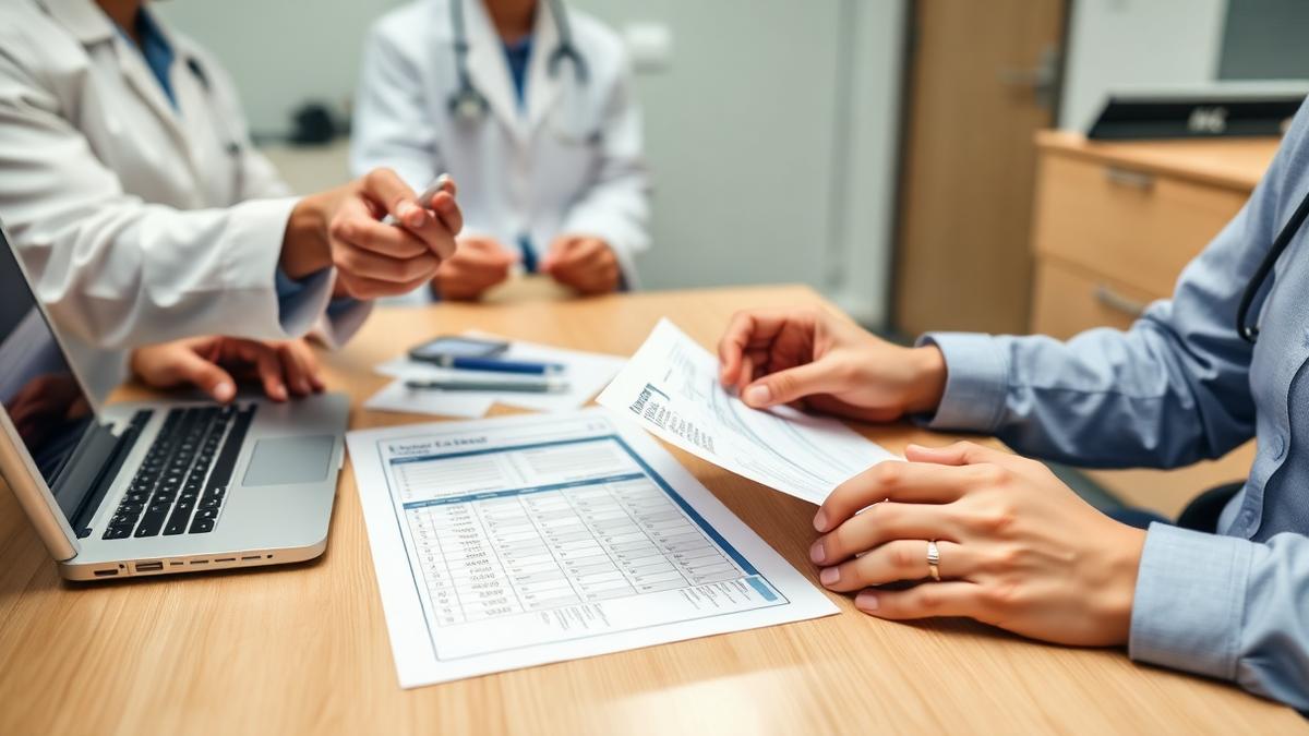Healthcare procurement team reviewing vendor evaluation documents and a scorecard at a table