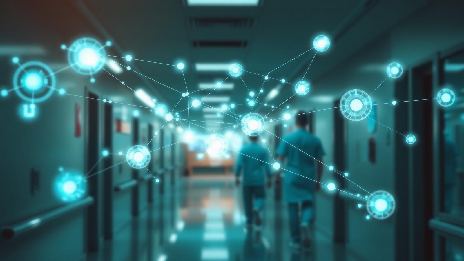 Abstract visualization of secure nationwide health information exchange overlaid on a hospital corridor with clinicians walking