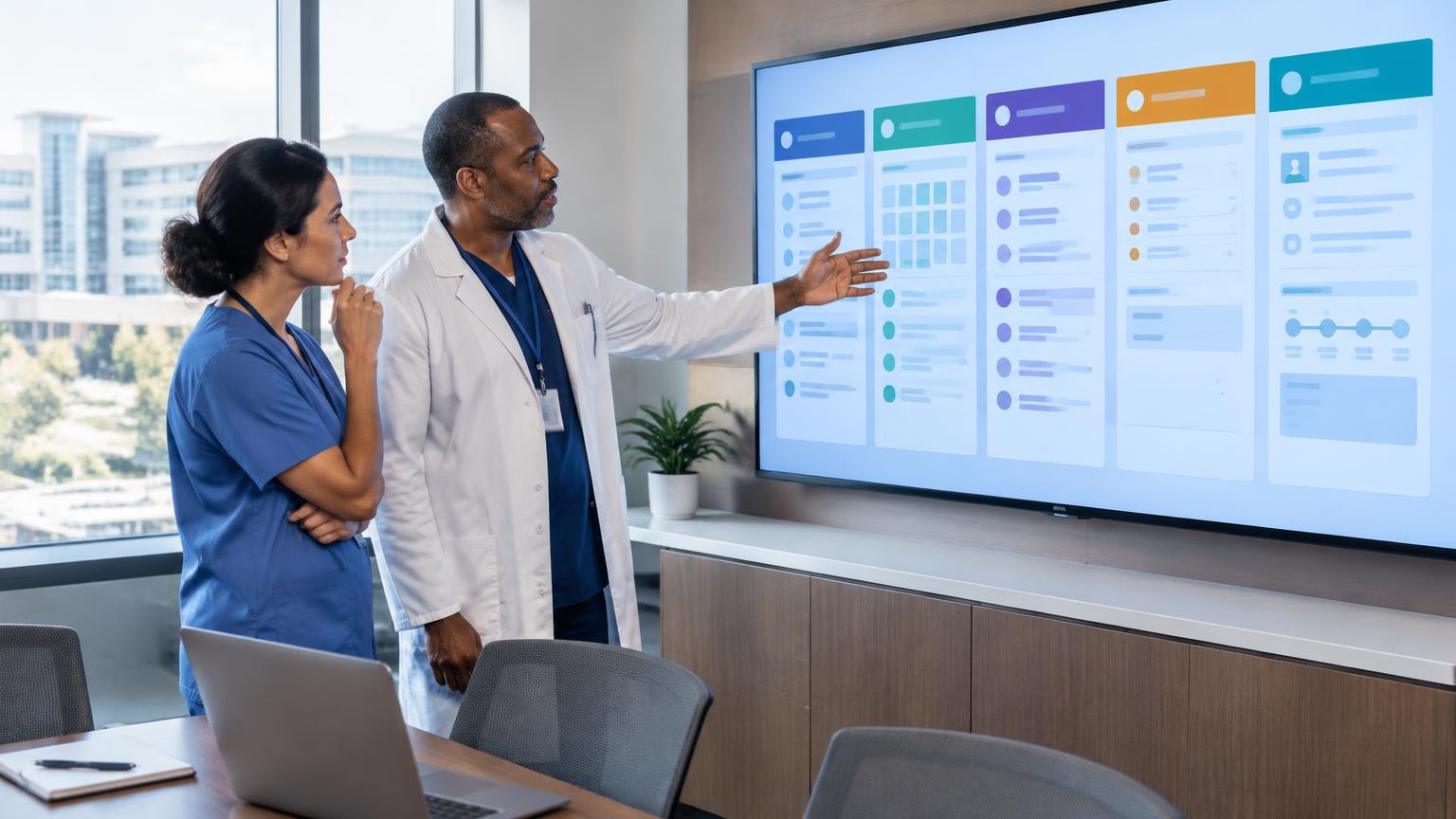 Healthcare IT leader comparing referral management solutions across five EHR platforms on a wall display